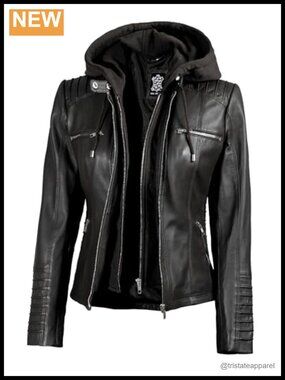 Real Lambskin Leather Jacket Women Detachable Hood Quilted Zipper